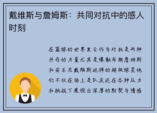 戴维斯与詹姆斯：共同对抗中的感人时刻